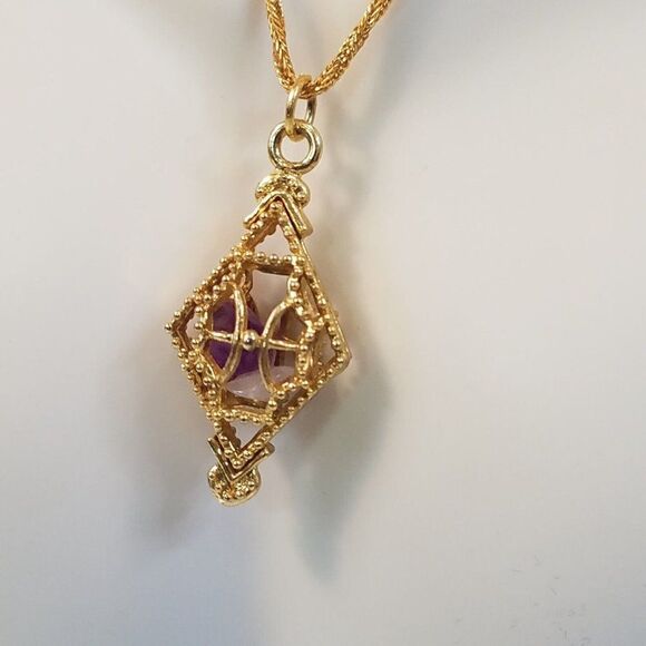 Vintage Mid Century Gold Tone Pendant Necklace Amethyst Rose Quartz 23" Chain - Picture 2 of 8
